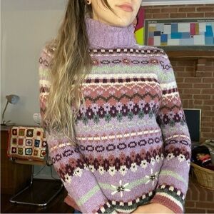 SOLD!!! Vintage 90s Y2K Pastel Fair Isle Pattern Turtleneck Knit Sweater Nordic
